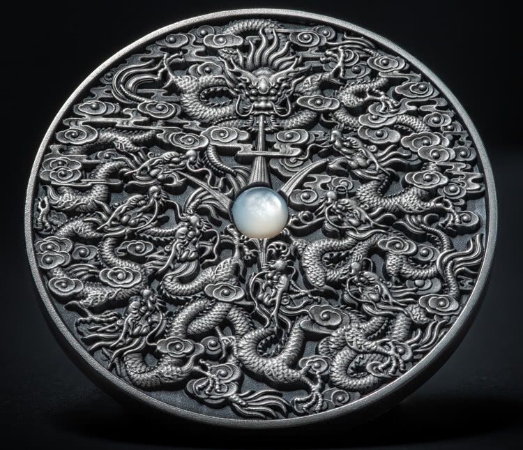 Niue 5 Dollars 2020 Silver 999. 2oz Antique Finish :: NINE DRAGONS