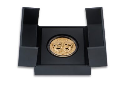 Cameroon 2000 Francs 2025 Silver 999. 2oz Ø50mm Gold plated Holed Mask coin :: Comedy & Tragedy - Image 6