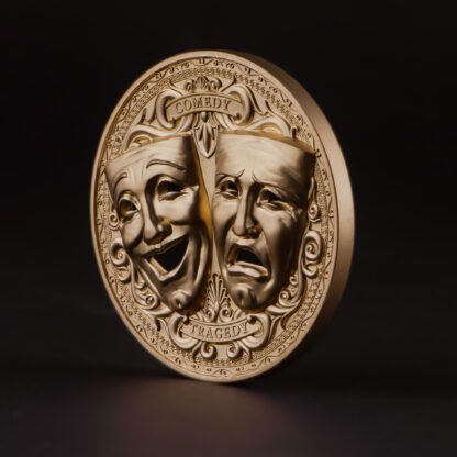 Cameroon 2000 Francs 2025 Silver 999. 2oz Ø50mm Gold plated Holed Mask coin :: Comedy & Tragedy - Image 3