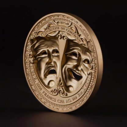 Cameroon 2000 Francs 2025 Silver 999. 2oz Ø50mm Gold plated Holed Mask coin :: Comedy & Tragedy - Image 4