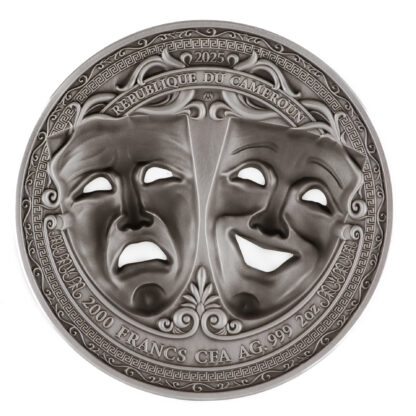 Cameroon 2000 Francs 2025 Silver 999. 2oz Ø50mm Antique Finish Holed Mask coin :: Comedy & Tragedy - Image 2