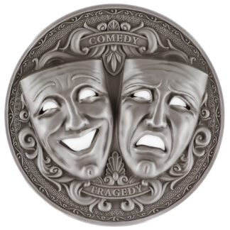 Cameroon 2000 Francs 2025 Silver 999. 2oz Ø50mm Antique Finish Holed Mask coin :: Comedy & Tragedy