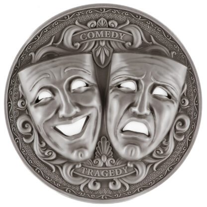 Cameroon 2000 Francs 2025 Silver 999. 2oz Ø50mm Antique Finish Holed Mask coin :: Comedy & Tragedy
