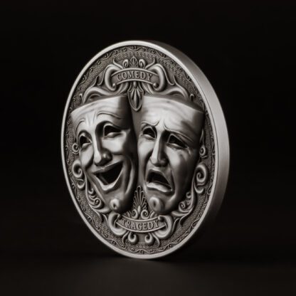 Cameroon 2000 Francs 2025 Silver 999. 2oz Ø50mm Antique Finish Holed Mask coin :: Comedy & Tragedy - Image 3