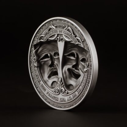 Cameroon 2000 Francs 2025 Silver 999. 2oz Ø50mm Antique Finish Holed Mask coin :: Comedy & Tragedy - Image 4