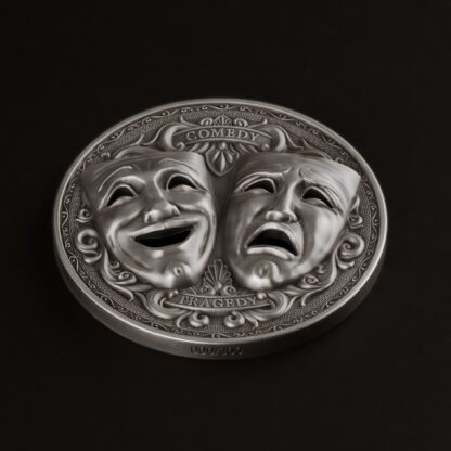 Cameroon 2000 Francs 2025 Silver 999. 2oz Ø50mm Antique Finish Holed Mask coin :: Comedy & Tragedy - Image 5