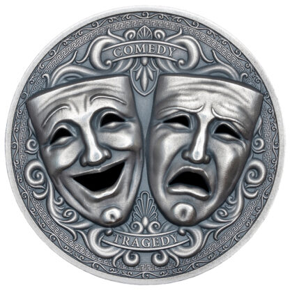 Cameroon 2000 Francs 2025 Silver 999. 2oz Ø50mm Antique Finish Holed Mask coin :: Comedy & Tragedy - Image 8