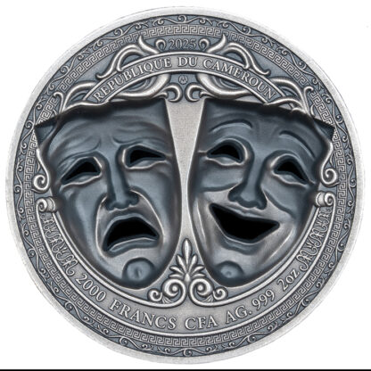 Cameroon 2000 Francs 2025 Silver 999. 2oz Ø50mm Antique Finish Holed Mask coin :: Comedy & Tragedy - Image 9