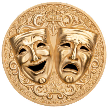 Cameroon 2000 Francs 2025 Silver 999. 2oz Ø50mm Gold plated Holed Mask coin :: Comedy & Tragedy