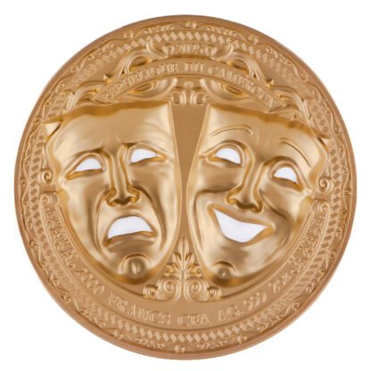 Cameroon 2000 Francs 2025 Silver 999. 2oz Ø50mm Gold plated Holed Mask coin :: Comedy & Tragedy - Image 2