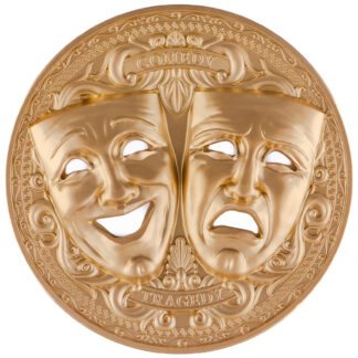Cameroon 2000 Francs 2025 Silver 999. 2oz Ø50mm Gold plated Holed Mask coin :: Comedy & Tragedy