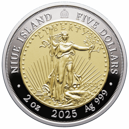 🆕 Niue $5 2025 Silver 999. 2oz Ø50mm Proof/Gold plated :: GREATEST USA COINS: Double eagle 1933 - Image 2
