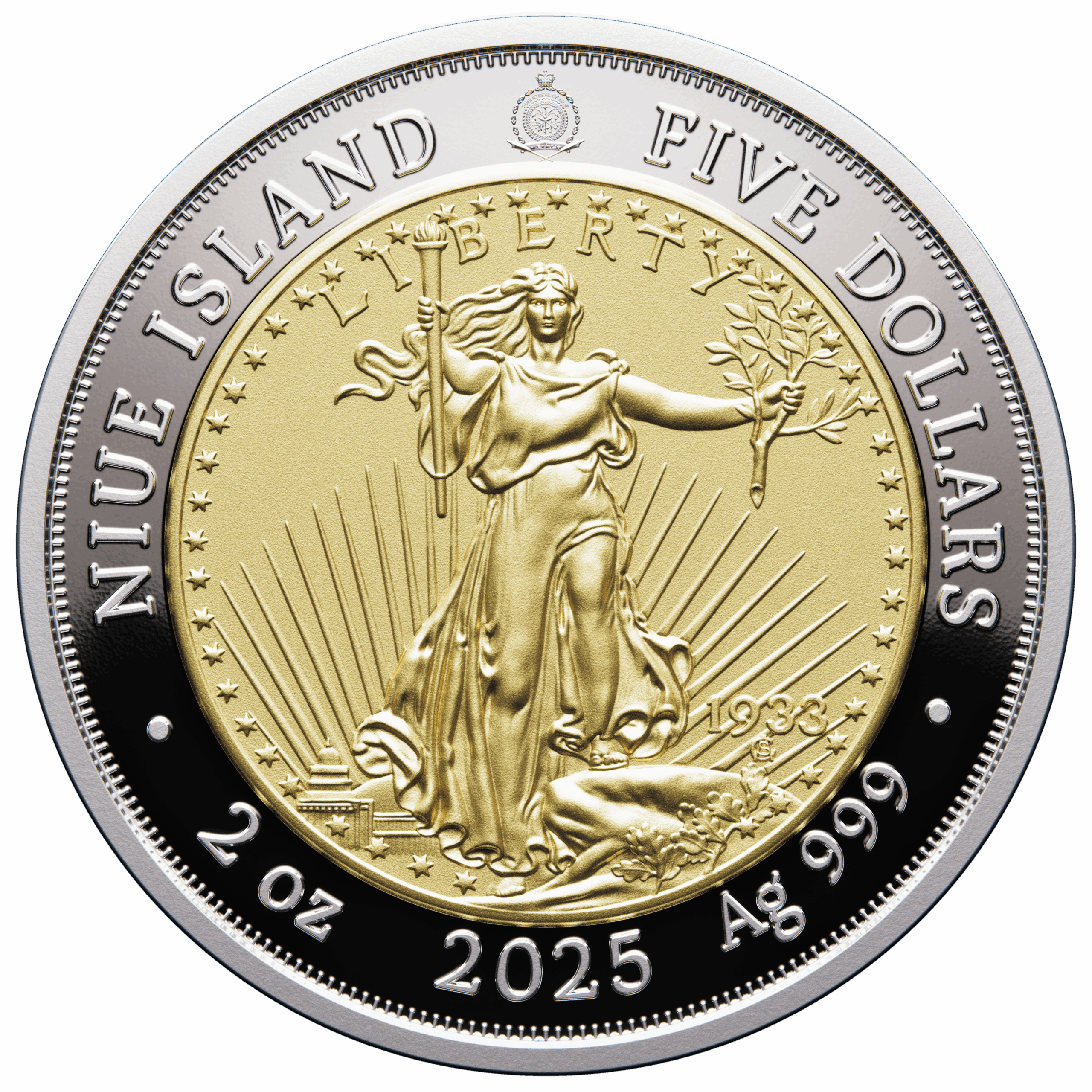 🆕 Niue $5 2025 Silver 999. 2oz Ø50mm Proof/Gold plated :: GREATEST USA COINS: Double eagle 1933 - Image 2