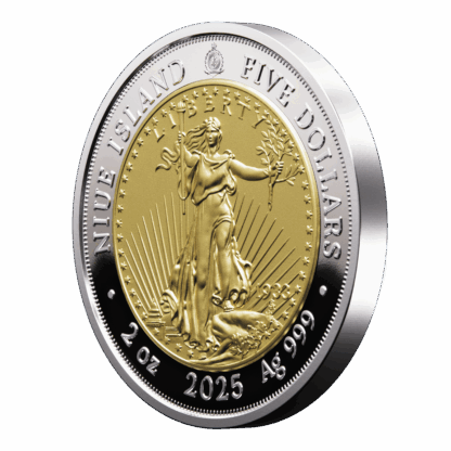 🆕 Niue $5 2025 Silver 999. 2oz Ø50mm Proof/Gold plated :: GREATEST USA COINS: Double eagle 1933 - Image 4