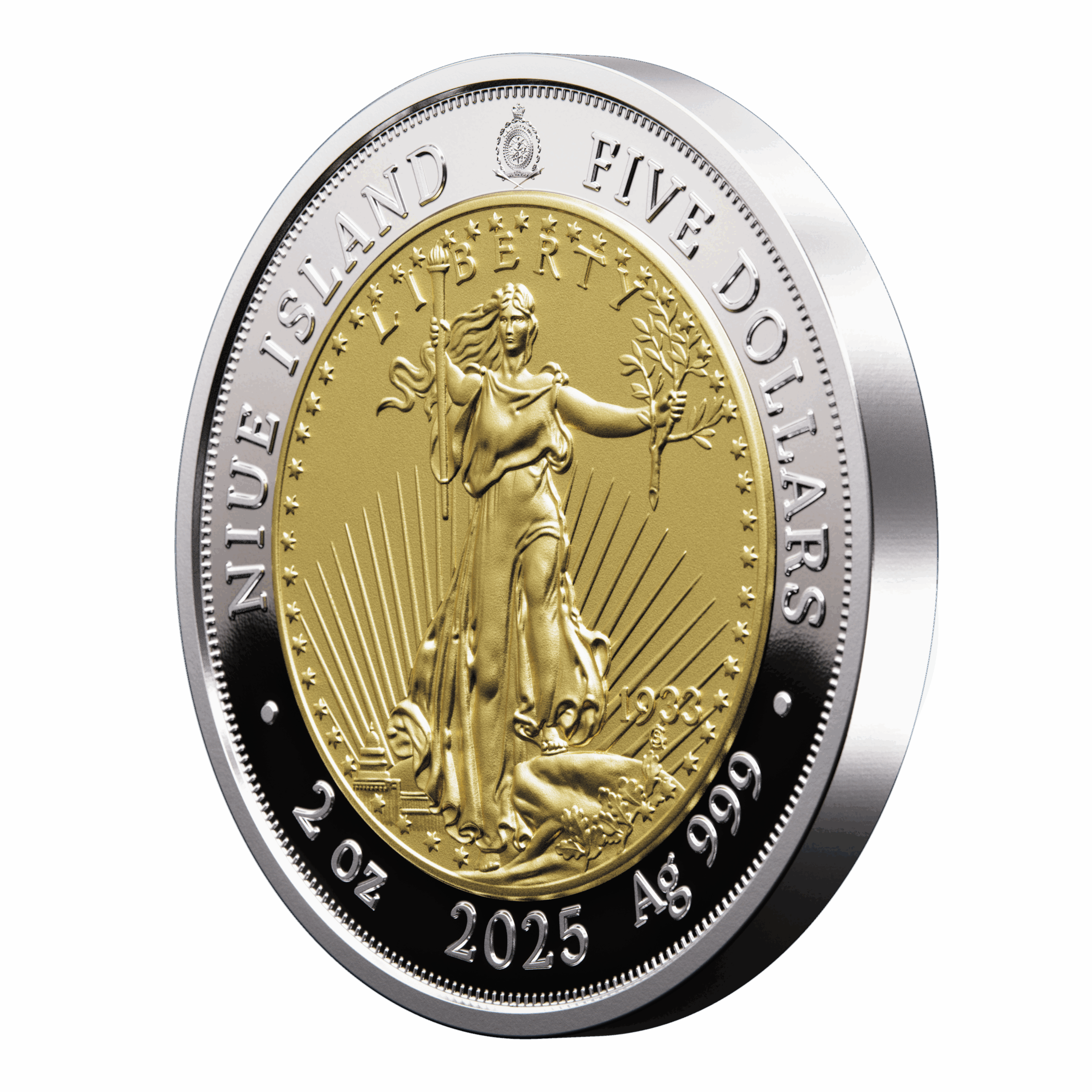 🆕 Niue $5 2025 Silver 999. 2oz Ø50mm Proof/Gold plated :: GREATEST USA COINS: Double eagle 1933 - Image 4
