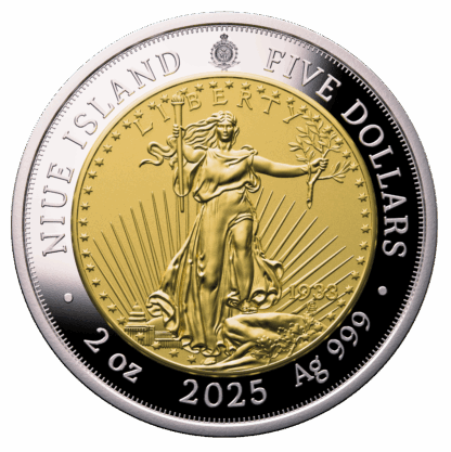 🆕 Niue $5 2025 Silver 999. 2oz Ø50mm Proof/Gold plated :: GREATEST USA COINS: Double eagle 1933 - Image 2