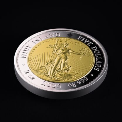🆕 Niue $5 2025 Silver 999. 2oz Ø50mm Proof/Gold plated :: GREATEST USA COINS: Double eagle 1933 - Image 6