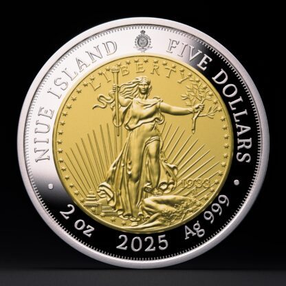 🆕 Niue $5 2025 Silver 999. 2oz Ø50mm Proof/Gold plated :: GREATEST USA COINS: Double eagle 1933 - Image 8