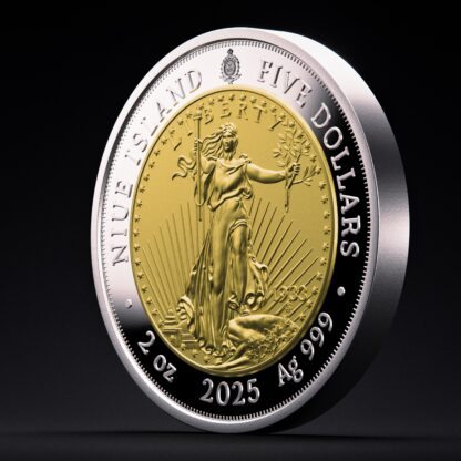 🆕 Niue $5 2025 Silver 999. 2oz Ø50mm Proof/Gold plated :: GREATEST USA COINS: Double eagle 1933 - Image 4