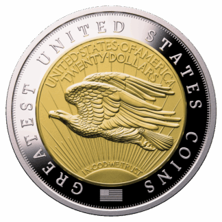 Niue $5 2025 Silver 999. 2oz Ø50mm Proof/Gold plated :: GREATEST USA COINS: Double eagle 1933