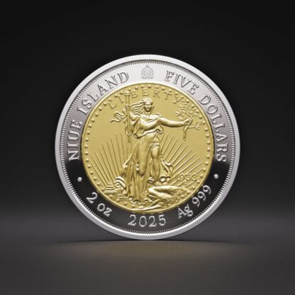 🆕 Niue $5 2025 Silver 999. 2oz Ø50mm Proof/Gold plated :: GREATEST USA COINS: Double eagle 1933 - Image 9