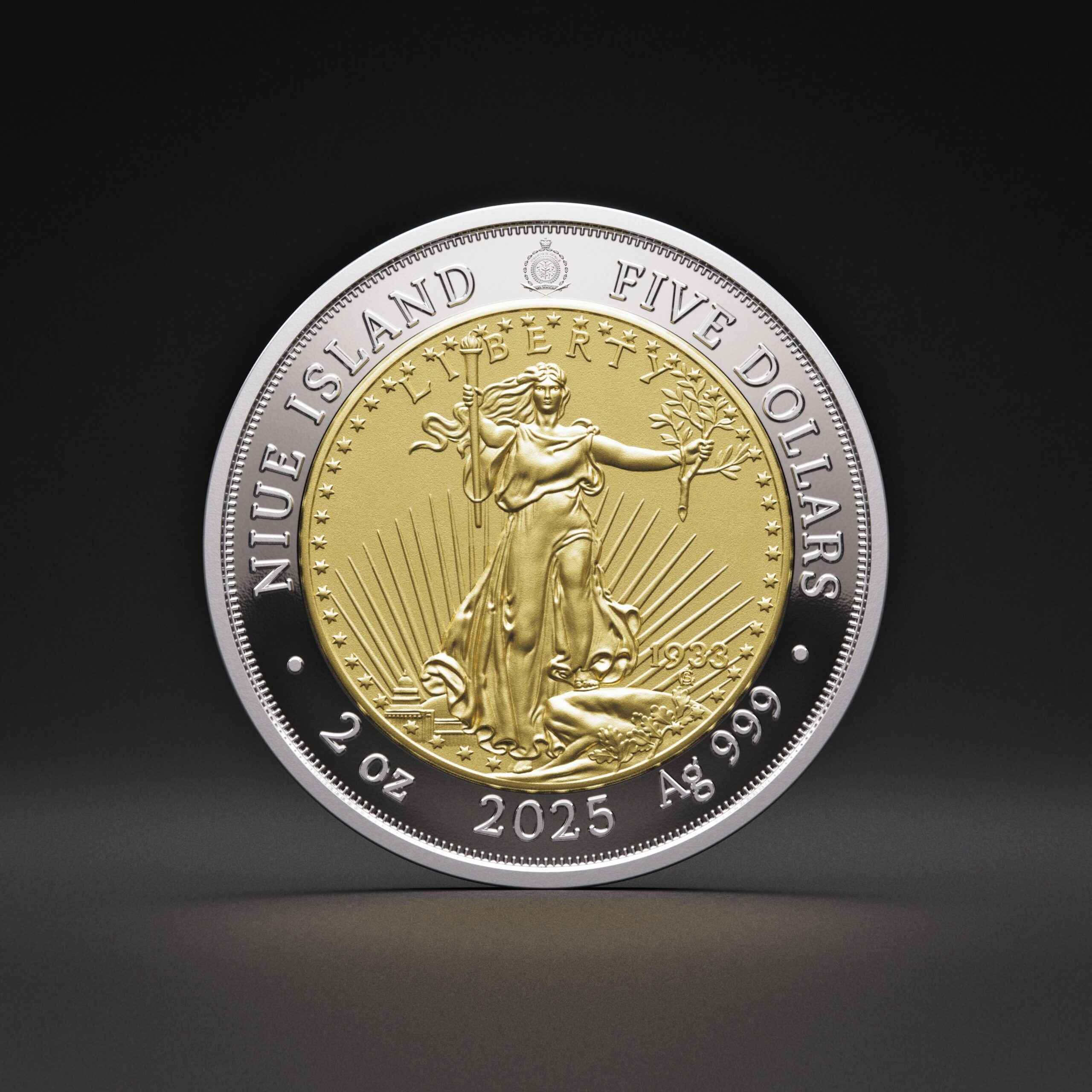🆕 Niue $5 2025 Silver 999. 2oz Ø50mm Proof/Gold plated :: GREATEST USA COINS: Double eagle 1933 - Image 9