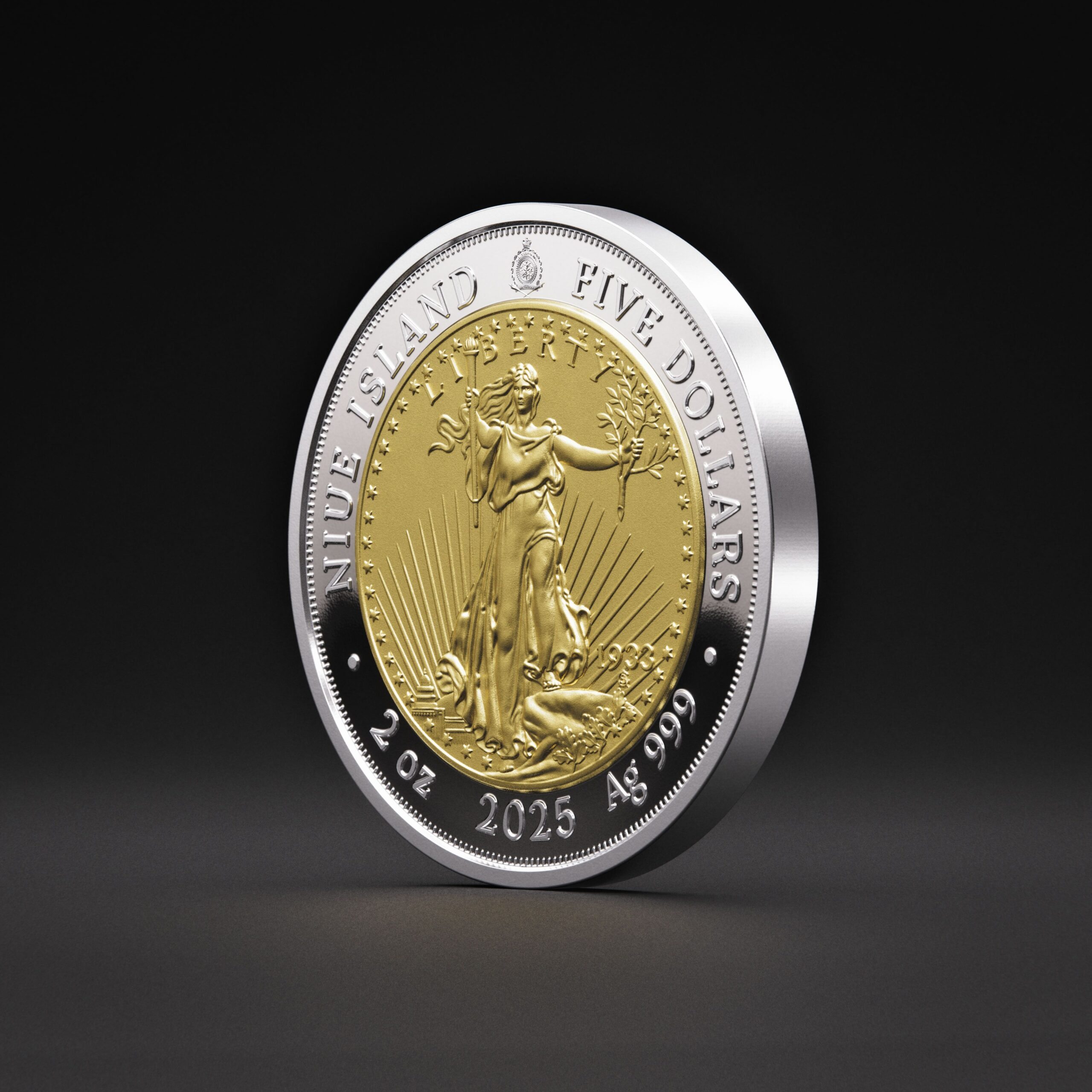 🆕 Niue $5 2025 Silver 999. 2oz Ø50mm Proof/Gold plated :: GREATEST USA COINS: Double eagle 1933 - Image 12