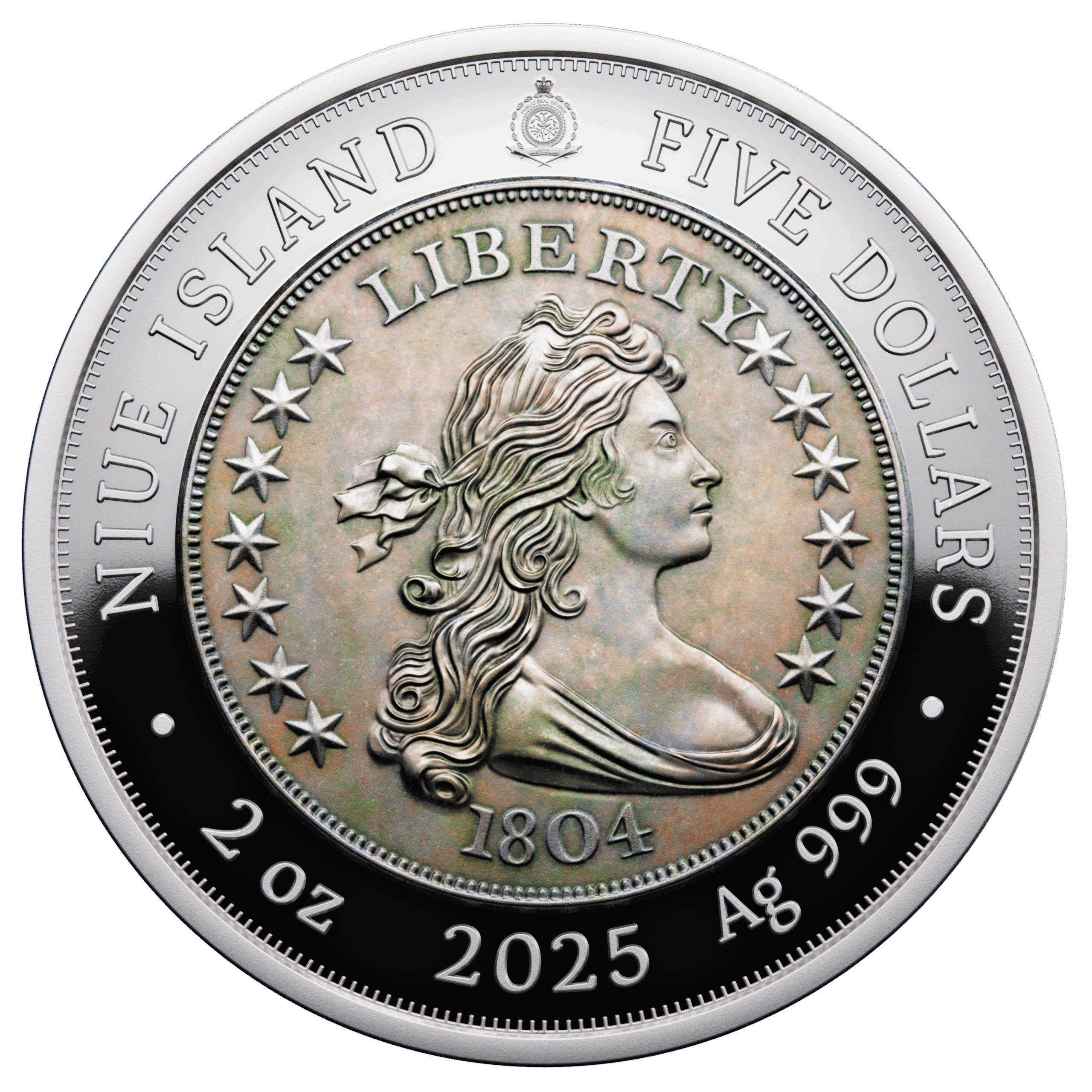 🆕 Niue $5 2025 Silver 999. 2oz Ø50mm Proof / Antique :: GREATEST USA COINS: 1804 Draped bust silver Dollar