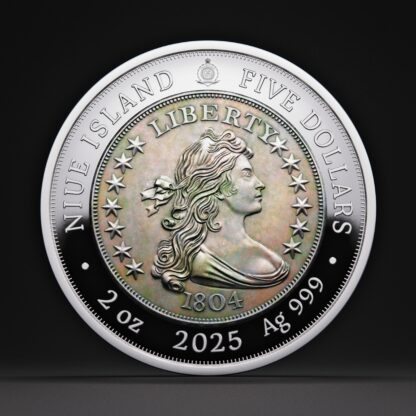 🆕 Niue $5 2025 Silver 999. 2oz Ø50mm Proof / Antique :: GREATEST USA COINS: 1804 Draped bust silver Dollar - Image 3
