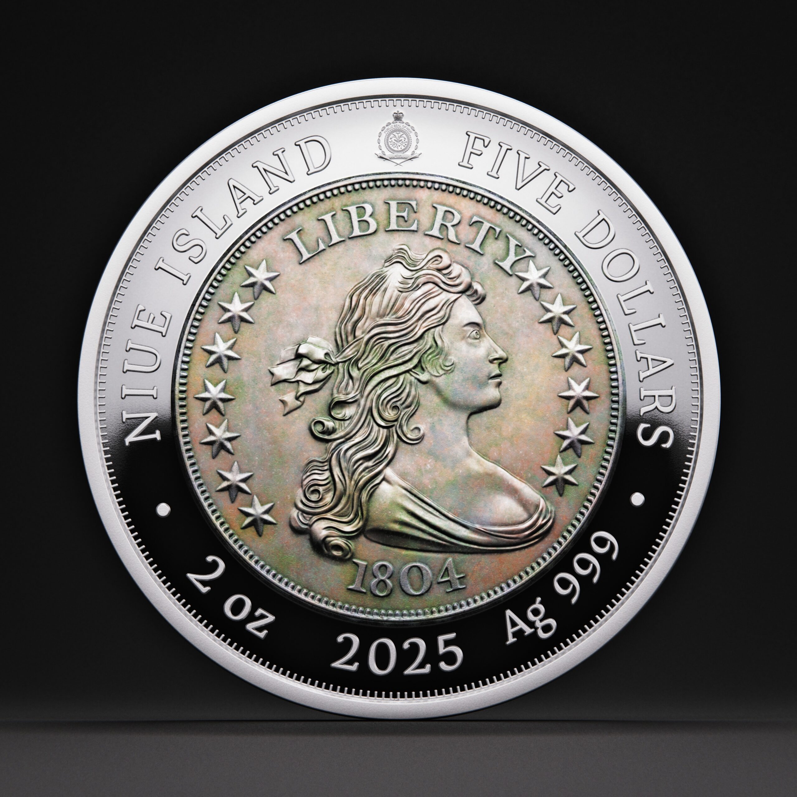 ๐ Niue $5 2025 Silver 999. 2oz ร50mm Proof / Antique :: GREATEST USA COINS: 1804 Draped bust silver Dollar - Image 3
