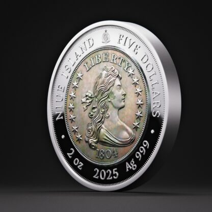 🆕 Niue $5 2025 Silver 999. 2oz Ø50mm Proof / Antique :: GREATEST USA COINS: 1804 Draped bust silver Dollar - Image 4