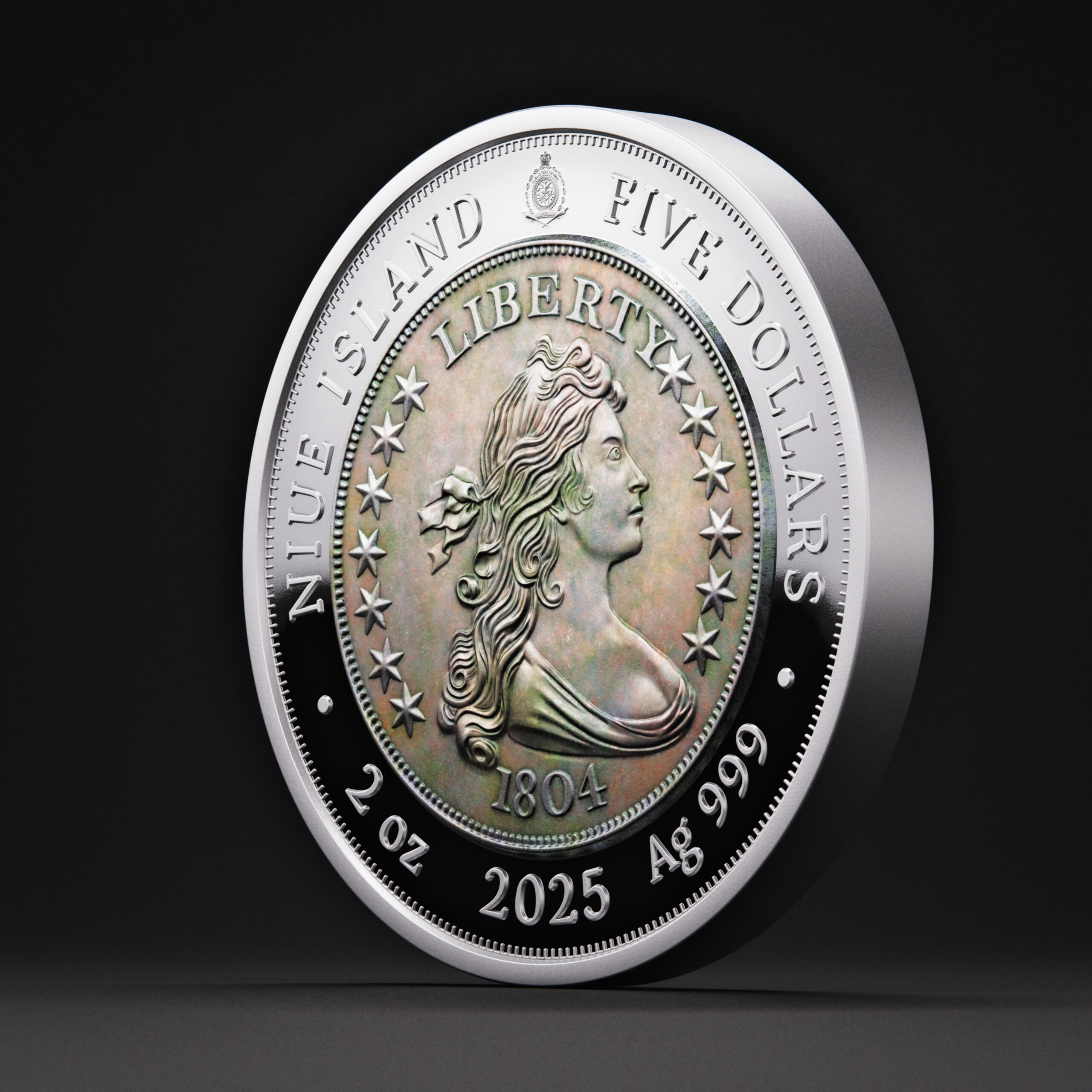 ๐ Niue $5 2025 Silver 999. 2oz ร50mm Proof / Antique :: GREATEST USA COINS: 1804 Draped bust silver Dollar - Image 4
