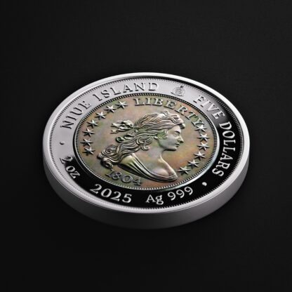 🆕 Niue $5 2025 Silver 999. 2oz Ø50mm Proof / Antique :: GREATEST USA COINS: 1804 Draped bust silver Dollar - Image 5