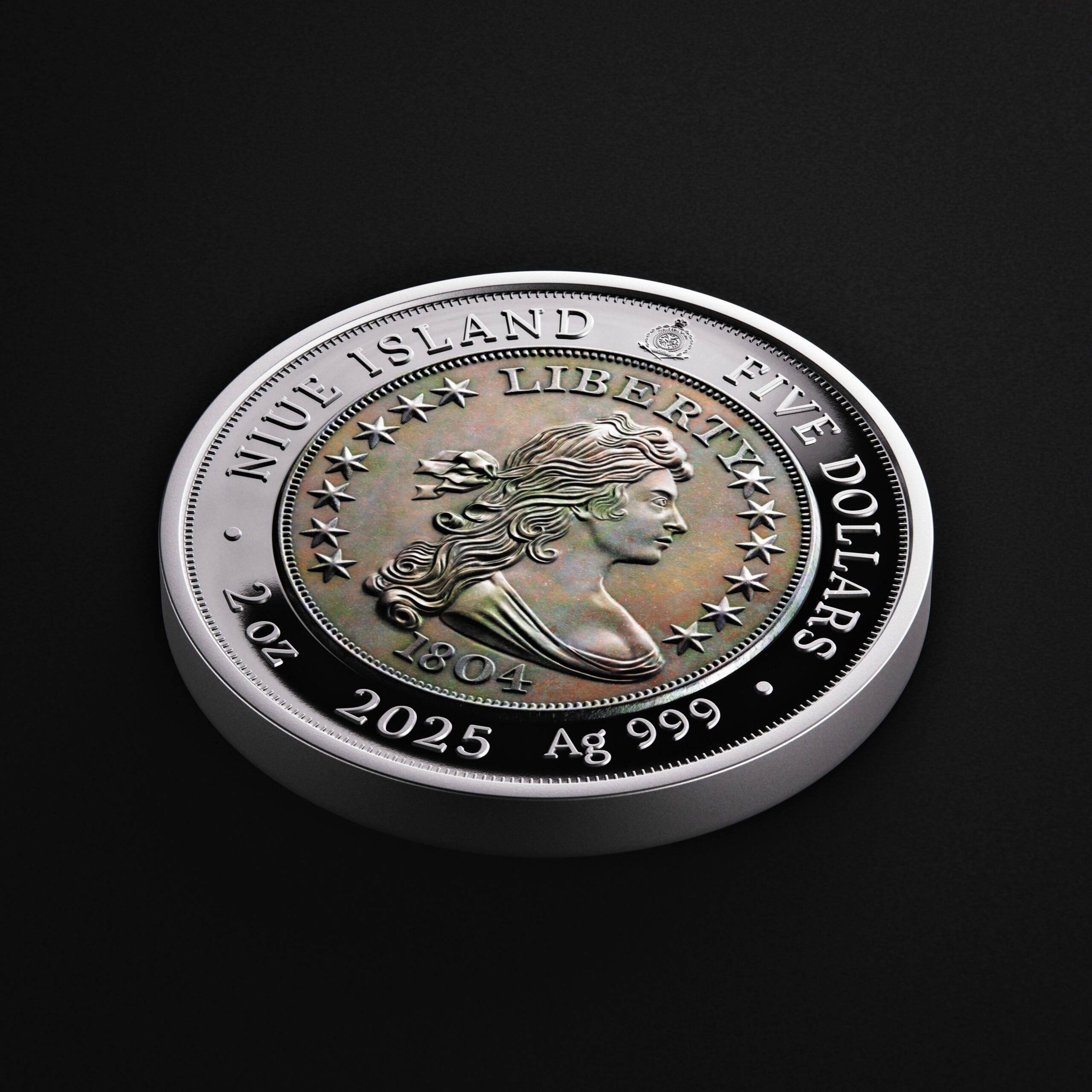 ๐ Niue $5 2025 Silver 999. 2oz ร50mm Proof / Antique :: GREATEST USA COINS: 1804 Draped bust silver Dollar - Image 5