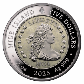 🆕 Niue $5 2025 Silver 999. 2oz Ø50mm Proof / Antique :: GREATEST USA COINS: 1804 Draped bust silver Dollar