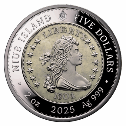 🆕 Niue $5 2025 Silver 999. 2oz Ø50mm Proof / Antique :: GREATEST USA COINS: 1804 Draped bust silver Dollar