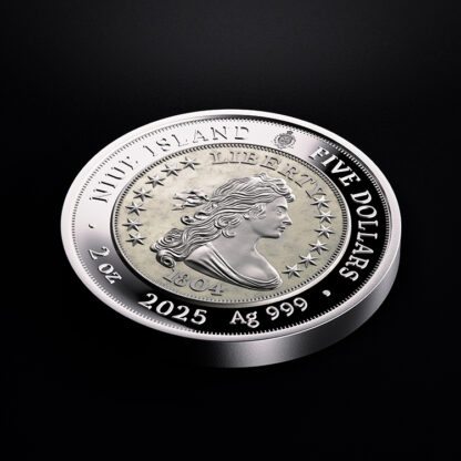 🆕 Niue $5 2025 Silver 999. 2oz Ø50mm Proof / Antique :: GREATEST USA COINS: 1804 Draped bust silver Dollar - Image 2