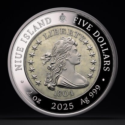 🆕 Niue $5 2025 Silver 999. 2oz Ø50mm Proof / Antique :: GREATEST USA COINS: 1804 Draped bust silver Dollar - Image 3