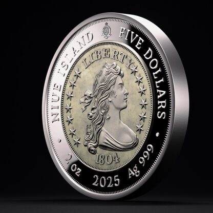 🆕 Niue $5 2025 Silver 999. 2oz Ø50mm Proof / Antique :: GREATEST USA COINS: 1804 Draped bust silver Dollar - Image 4
