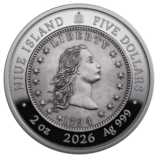 🆕 Niue $5 2026 Silver 999. 2oz Ø50mm Proof / Antique :: GREATEST USA COINS: 1794 Flowing Hair silver Dollar
