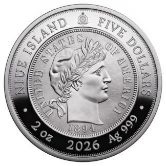 🆕 Niue $5 2026 Silver 999. 2oz Ø50mm Proof / Antique :: GREATEST USA COINS: 1894-S Barber Dime