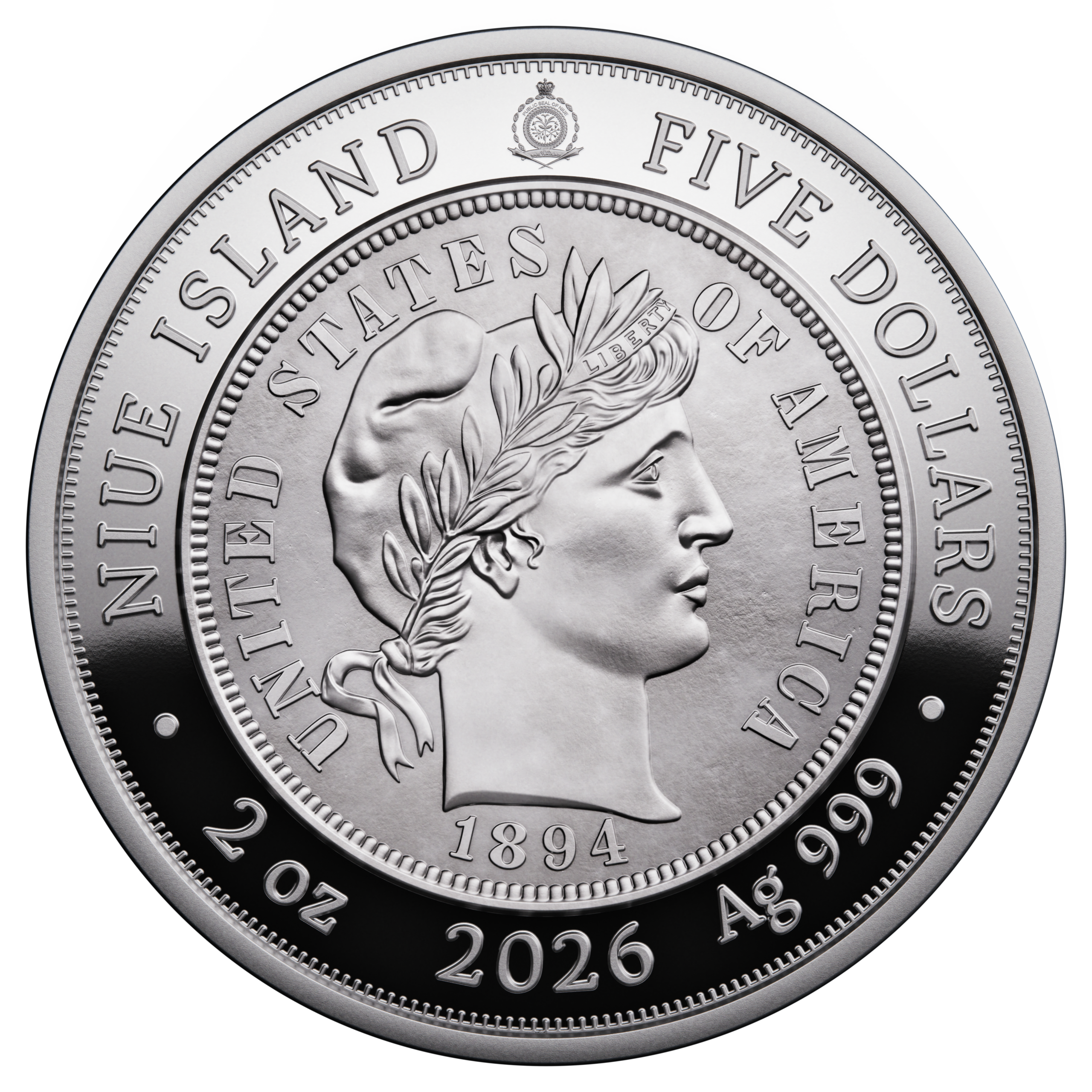 π Niue $5 2026 Silver 999. 2oz Γ50mm Proof / Antique :: GREATEST USA COINS: 1894-S Barber Dime