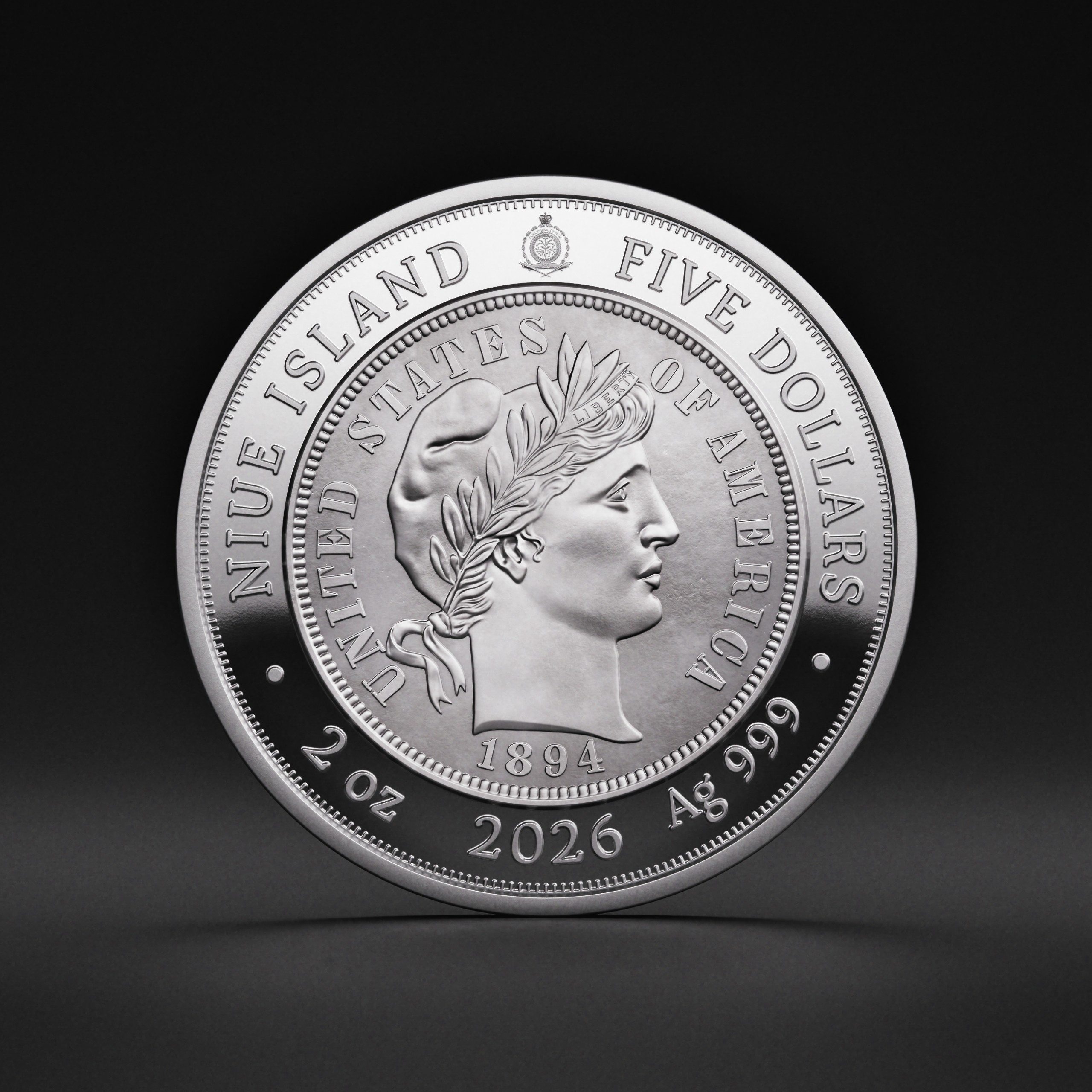 π Niue $5 2026 Silver 999. 2oz Γ50mm Proof / Antique :: GREATEST USA COINS: 1894-S Barber Dime - Image 12