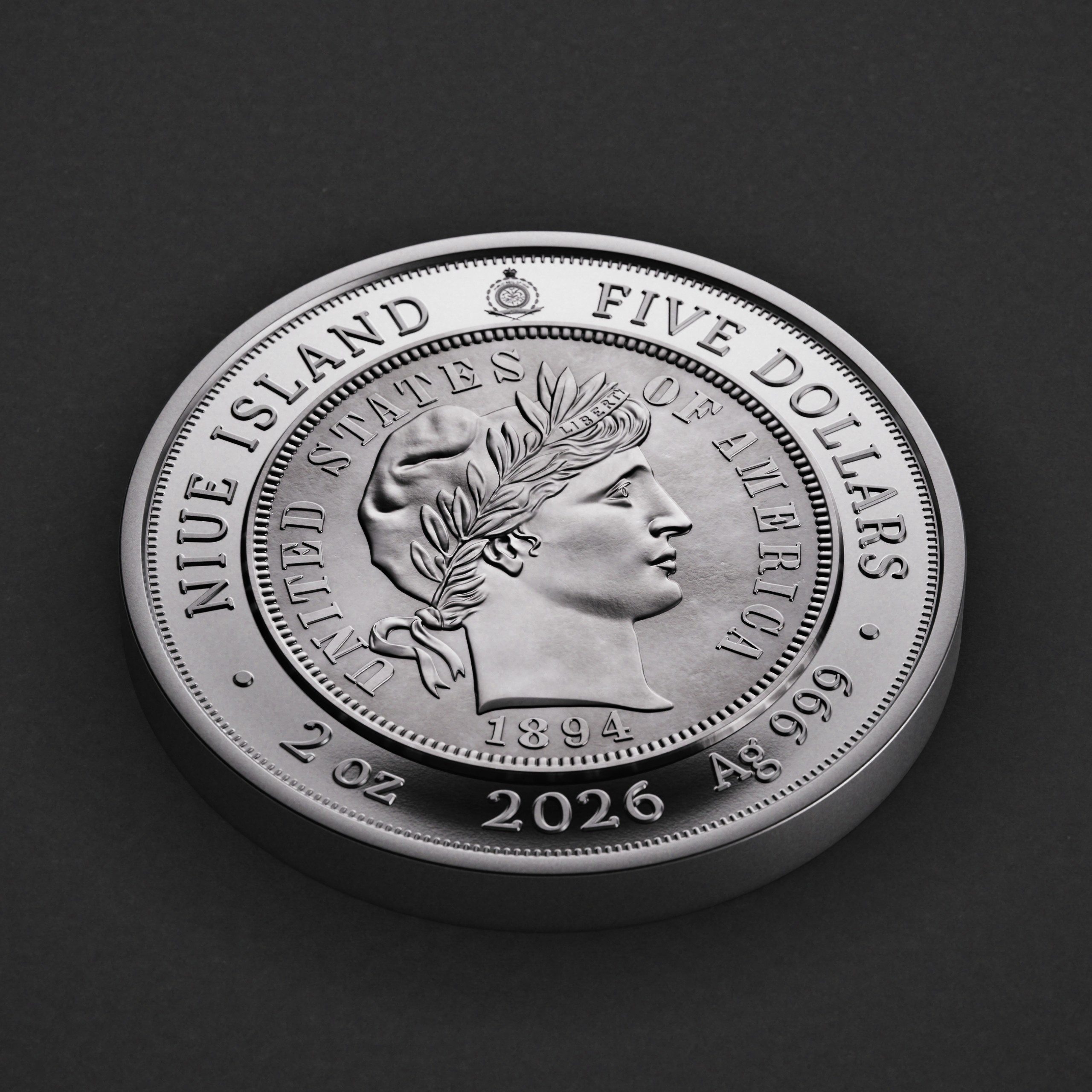 π Niue $5 2026 Silver 999. 2oz Γ50mm Proof / Antique :: GREATEST USA COINS: 1894-S Barber Dime - Image 3